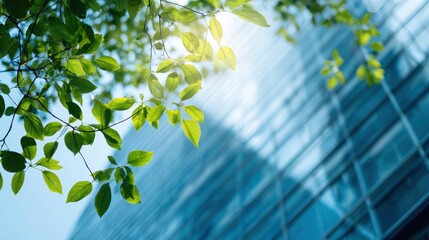Sunlight filtering through green leaves onto a modern glass building facade on a clear day