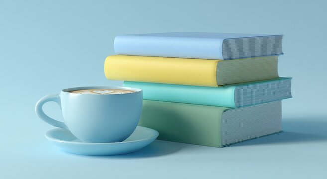 Pastel-colored books and coffee cup on a light blue surface
