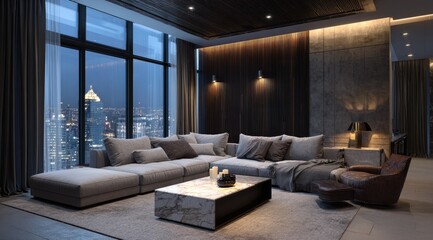 Modern penthouse living room at night, showcasing a panoramic city view