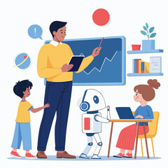 Vector art of a teacher is teaching students with a robot in the classroom the teacher is using a board to explain a graph
