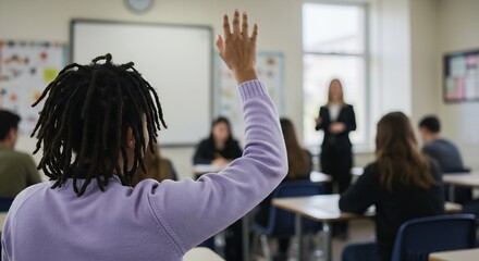 A student with dreadlocks raises a hand in a classroom The teacher stands near a window