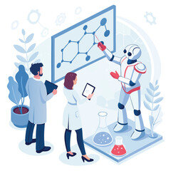 Vector art of scientists and robot presenting molecular research on screen in an isometric laboratory setting, showcasing scientific advancements