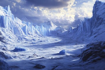 Obraz premium Majestic ice age glacial landscape frozen river valley under dramatic sky