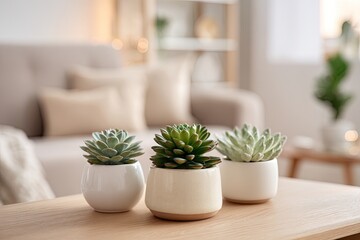 Three small succulent plants in white and cream pots on a light wooden coffee table in a living room.  Blurred background of a beige sofa and shelves