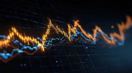 Fluctuating financial data on a dark screen, with orange and blue graphical elements