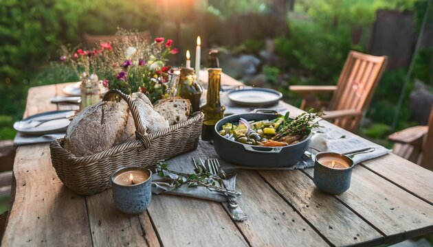 Summer outdoor dining table setting with bread, vegetables, and candles
