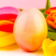 Colorful Easter egg, tulips, and pastel background