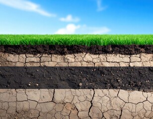 A cross-section view of cracked earth revealing layers of soil beneath vibrant green grass above