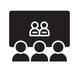 Group of people watching presentation on screen, featuring two figures. is in simple, black and white line art style
