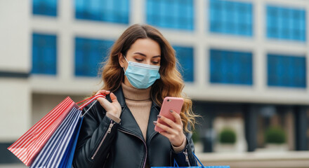 Young woman wearing a face mask checks her phone while holding shopping bags outside a modern building