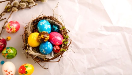 Colorful Easter eggs in a nest