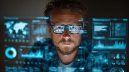 Cybersecurity analyst in a dark office with digital data flow and futuristic HUD overlay