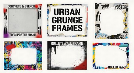 Grunge. Frame. Urban. A set of six distressed frames with torn poster, graffiti, and paint textures for edgy graphic design, social media templates, or modern photo borders.