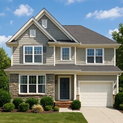 Residential Haven: A meticulously crafted modern house, embodying suburban tranquility, features elegant design and lush landscaping, conveying the essence of comfort and the promise of a serene life.