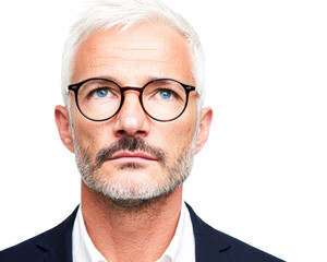 A thoughtful man with silver hair and glasses gazes upwards, exuding confidence and introspection against a plain white background.