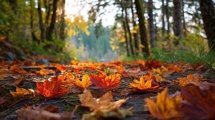 Stunning autumn leaves carpet a peaceful forest path, bathed in the warm glow of the setting sun