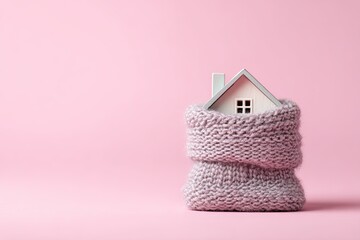 Tiny house nestled in a cozy knit bag against a soft pink backdrop
