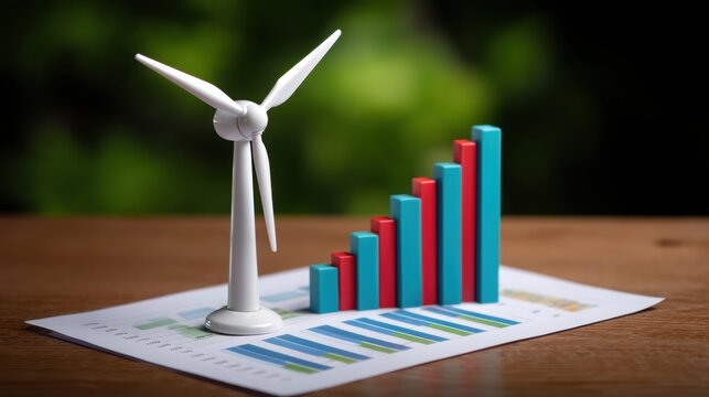 Miniature wind turbine next to a colorful graph on a wooden table, representing renewable energy and growth.