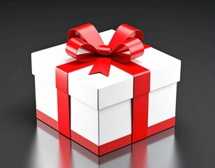 Obraz premium A beautifully wrapped gift box adorned with a red ribbon and bow on a reflective .