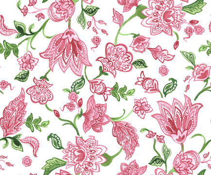  Connecting Pink detailed jacobean watercolor seamless floral pattern