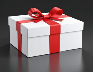 Obraz premium A beautifully wrapped gift box with a red ribbon on a sleek black , ready for giving.