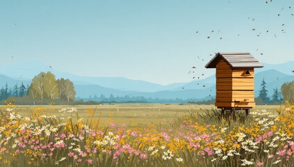 Honeybee hive in a meadow, mountains in the background