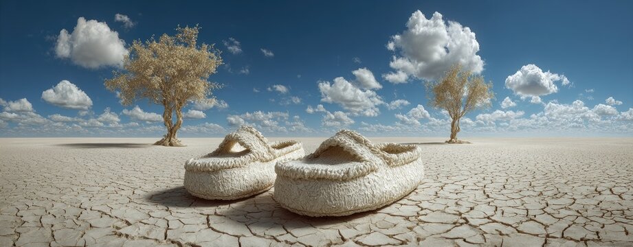 Pair of light-colored sandals or shoes rest on a cracked, arid landscape beneath a vast, clear blue sky dotted with fluffy white clouds.  Pale, leafless trees stand sentinel on the horizon