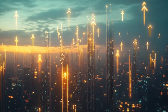 Golden ascending arrows emerge from a vibrant glowing cityscape at dusk