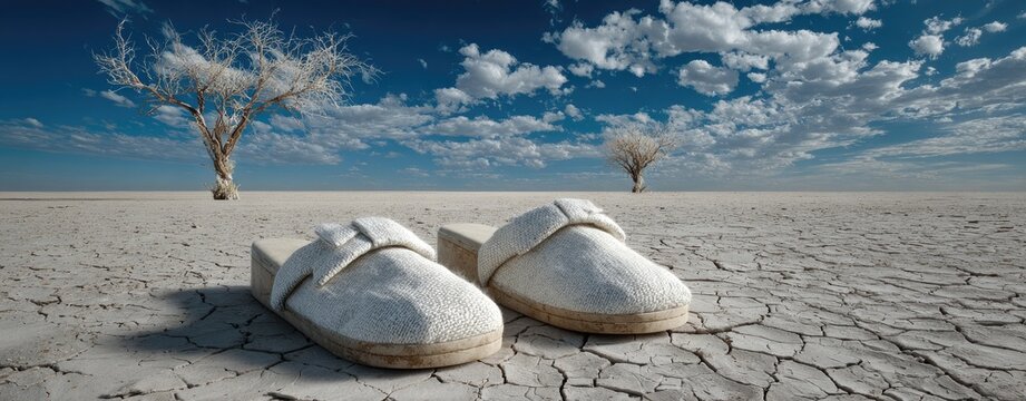 White sandals on a cracked, white desert landscape under a vibrant blue sky with scattered clouds.  Bare, dead trees stand sentinel - Powered by Adobe