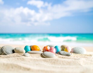 Colorful eggs on beach sand, ocean view