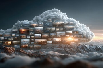Cloud of photos over majestic mountains at sunrise