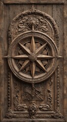 Intricately Carved Wooden Compass Rose with Ornate Details on Antique Door