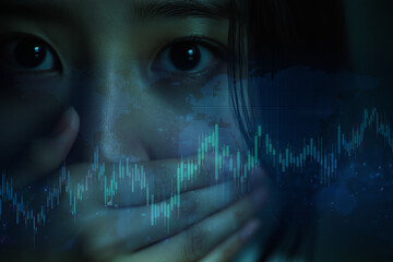 futuristic data visualization of falling stock prices and global market collapse