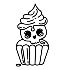 Cute  halloween cupcake. spooky holiday treats. Little cake with skull on white background. Funny cartoon illustration