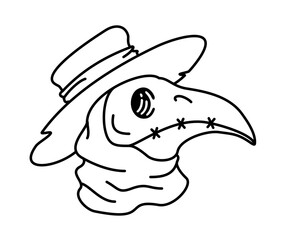 Plague doctor head hand drawing sketch isolate on white background. A plague doctor in a mask with a long beak and hat.