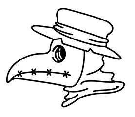 Plague doctor head hand drawing sketch isolate on white background. A plague doctor in a mask with a long beak and hat.