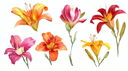 Fototapeta premium A collection of watercolor illustrations featuring various types of lilies in vibrant colors including orange, pink, red, and yellow, with green stems and buds