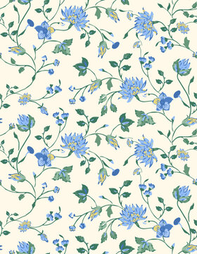 Blue  jacobean floral watercolor textured connecting floral print pattern 