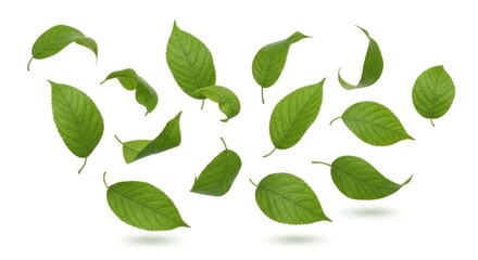 Floating green leaves with detailed veins and stems casting soft shadows against a white background