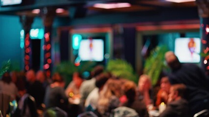 A Blurry Background Featuring a Bustling Restaurant Filled with Happy Patrons and Ambient Lighting