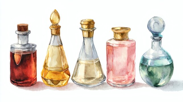 A collection of five decorative glass bottles with various shapes and colors, including red, yellow, clear, pink, and green liquids, set against a white background