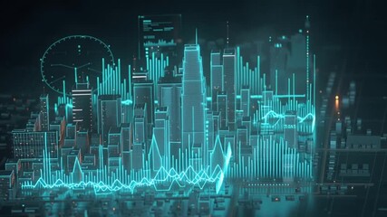Smart city power grid interface, isometric futuristic skyline glowing electricity energy graphs holograms rooftops, AI-driven analytics cyberpunk neon sleek futuristic UI data visualization, sci-fi 4k - Powered by Adobe