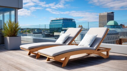 Fototapeta premium Modern rooftop terrace with wooden lounge chairs and cityscape view