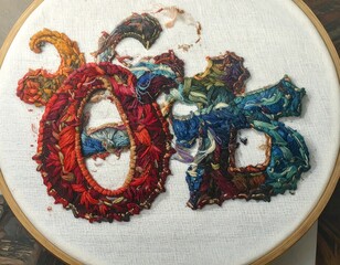 Colorful embroidered words on fabric