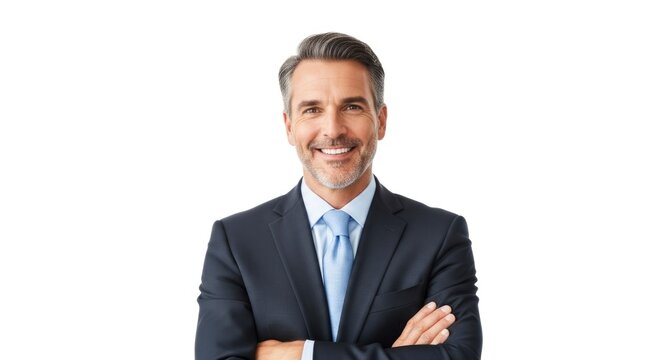 Man in a suit with arms crossed smiling on a white background
