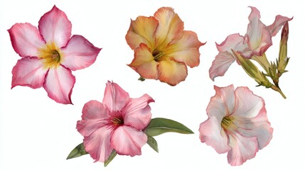 A collection of five beautifully illustrated flowers in various colors including pink, yellow, and white, showcasing intricate petal details and natural beauty