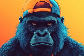Cool gorilla mascot with orange cap intense gaze vibrant yellow and orange background portrait