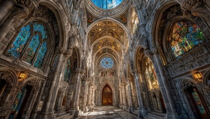 Grand Cathedral Interior, Sunlight Through Stained Glass, Architectural Detail