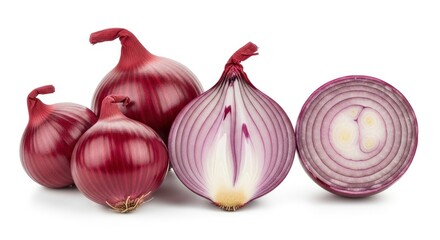 A group of red onions whole and sliced arranged against a white backdrop revealing inner layers