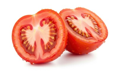 Two tomato halves freshly cut and adorned with water droplets showcasing a crisp red interior